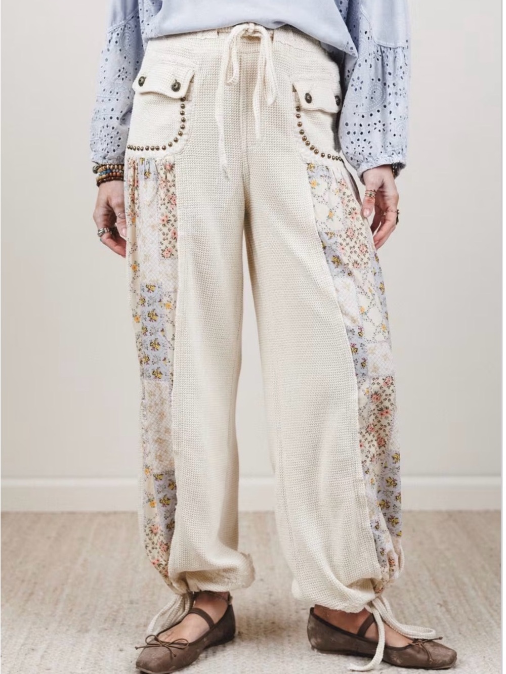 POL Cream Wide-Leg Studded Drawstring Patchwork Pants